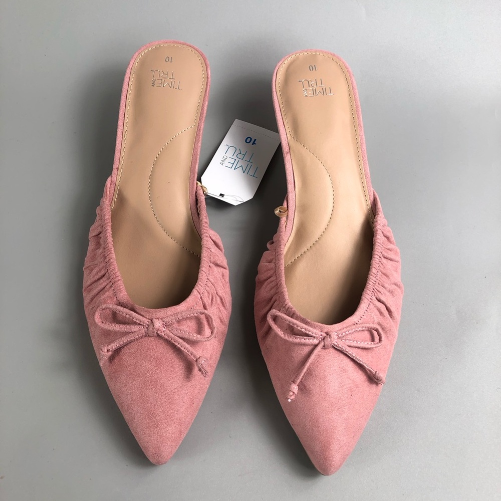 TIME & TRU Pink Suede Pointed-Toe Bow Mules Size 10